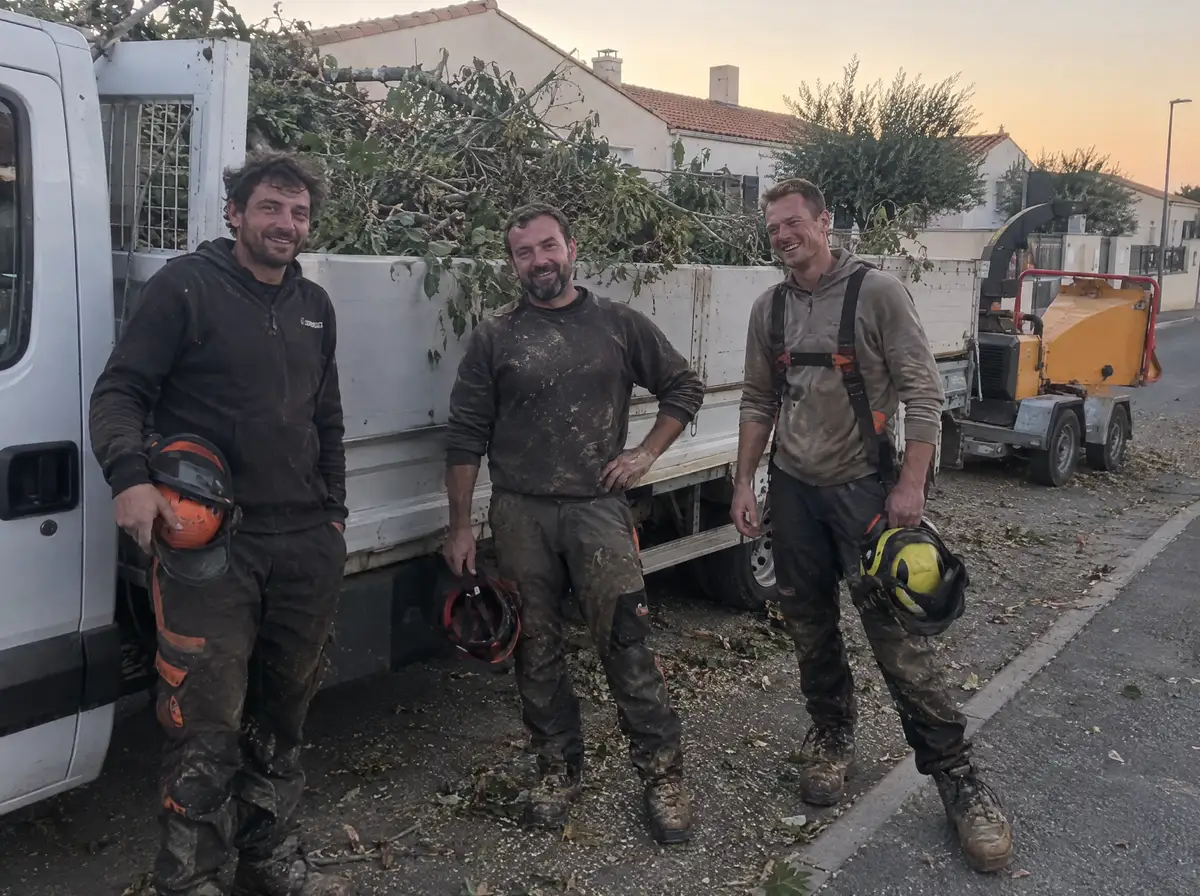 Une équipe d'élagueurs devant leur camion-plateau chargé de branches